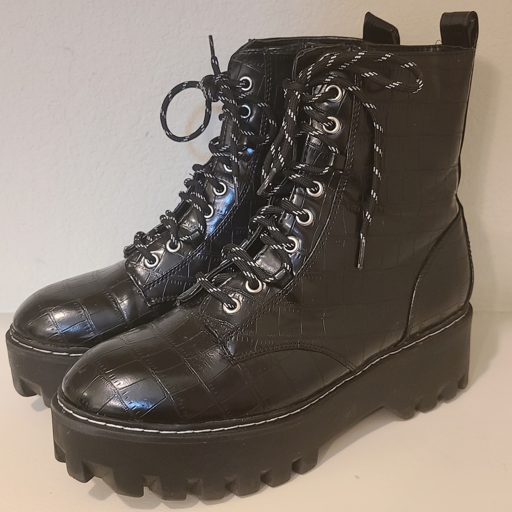 Sleek Black Croc-Embossed Combat Boots